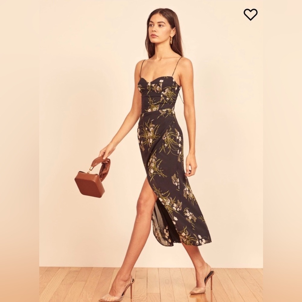 Reformation Black Floral Spaghetti-Strap Midi Dress